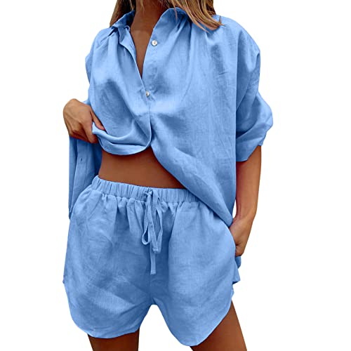 Survêtement décontracté 2 pièces femme avec chemisier boutons et short taille haute