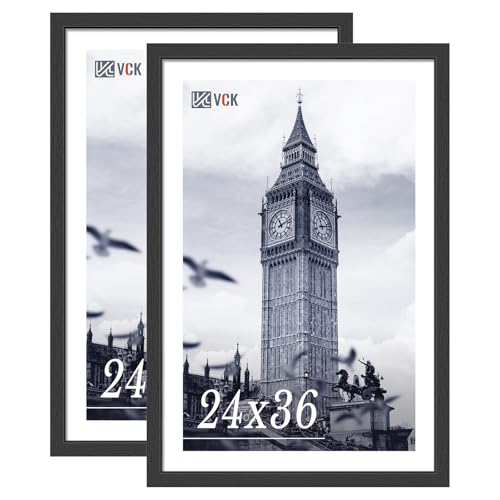 Image of VCK 24x36 Poster Frames - Black, Wide Border Solid Wood Frame, Display Pictures in Horizontal and Vertical, for Home, Office, Gallery, Woodgrain Series, Wall Hanging, 2 Pack