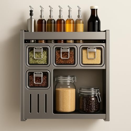 Image of Kitchen Spice Rack, Kitchen Organizer and Storage Rack, Spice Organization for Cabinets Punch-free Wall /Countertop Home Decor Multifunctional Double Layer 4 Grid Condiment Rack, Gray