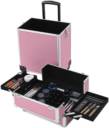 Miniatura 4 de Rolling Makeup Case 4 in 1 Draw-Bar Interchangeable Aluminum Makeup Box Train Case with Wheel Large Cosmetology Trolley Case Lockable Travel