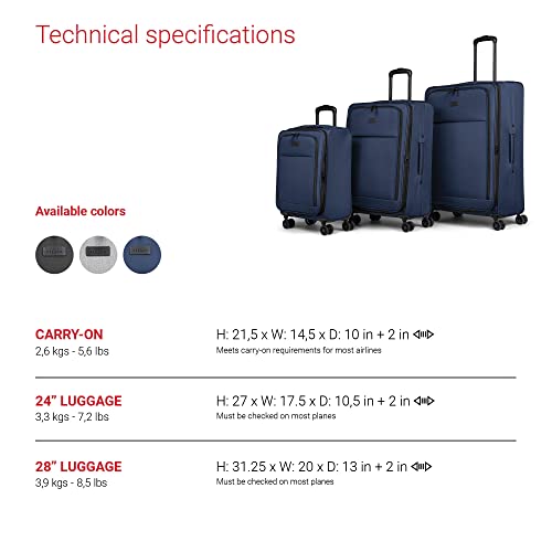 Bugatti Reborn Collection 3 Piece Luggage Set, Expanding Suitcases With 360-Degree Rolling Spinner Wheels, Retractable Handle, 20-Inch Carry On, 24-Inch Mid-Size, 28-Inch Large Bags, Navy #TOP5