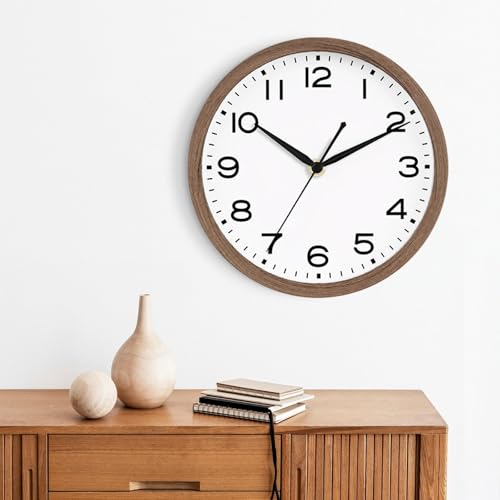 Image of AKCISOT Wall Clock, Modern Small Wall Clocks Battery Operated 10 Inch, Silent Non-Ticking Analog Classic for Office, Home, Bathroom, Kitchen, Bedroom, School(Walnut Grain)