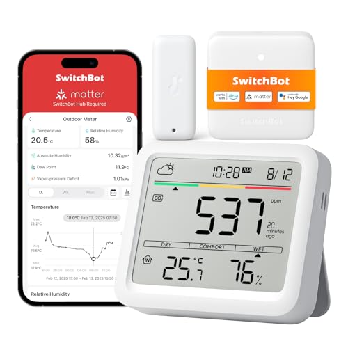 SwitchBot WLAN CO2-Melder, CO2 Messgerät mit IP65 Thermometer Hygrometer und Hub Mini Matter, Luftqualität Messgerät mit CO2-Alarm, Bluetooth CO2 Sensor mit APP, 2 Jahre Datenspeicher SwitchBot WLAN CO2-Melder, CO2 Messgerät mit IP65 Thermometer Hygrometer und Hub Mini Matter, Luftqualität Messgerät mit CO2-Alarm, Bluetooth CO2 Sensor mit APP, 2 Jahre Datenspeicher