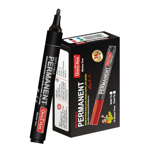 Image of Soni Officemate Permanent Marker| Pack of 10 (Black) |Refillable | Waterproof & Fade-Resistant | 4.43 mm Bullet Tip | Multi-Surface Use | Bold Marker | Refillable & Waterproof | Quick Dry Alcohol Ink Markers