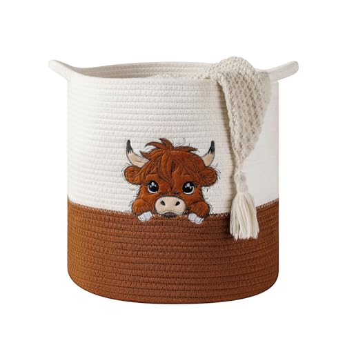 Image of Large Blanket Baskets for Living Room, Highland Cow Storage Baskets for Toys Organizer Woven Cotton Rope Basket for Kids, Clothes Hamper with Embroidery Highland Cow Decor for Nursery Laundry