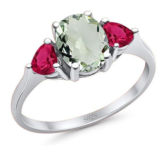 OMRANII Art Deco Three Stone Oval Natural Green Amethyst Prasiolite Trellis Ring Two Heart Ruby CZ Vintage Style Wedding Engagement Ring 925 Sterling Silver Gifts For Her2