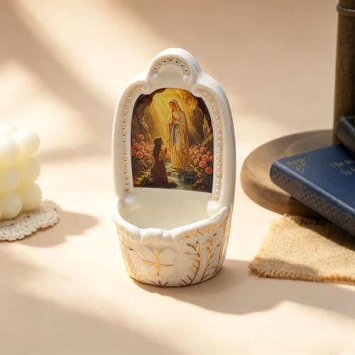 Image of KOMI Porcelain Our Lady of Lourdes Catholic Holy Water Font for Entrance of Home Church Wall Hanging Decor Religious Gift Blessed Mother Mary Holy Water Holder