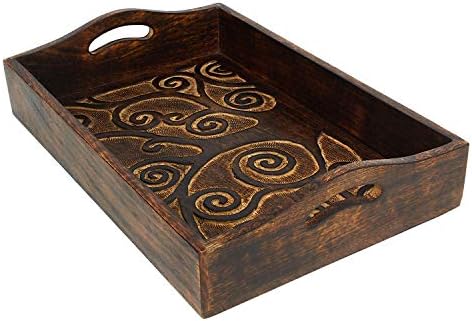 Ajuny Indian Handcrafted Rectangular Mango Wooden Decorative Serving Tray Platters With Handle Hand Carved Tree Of Life Design