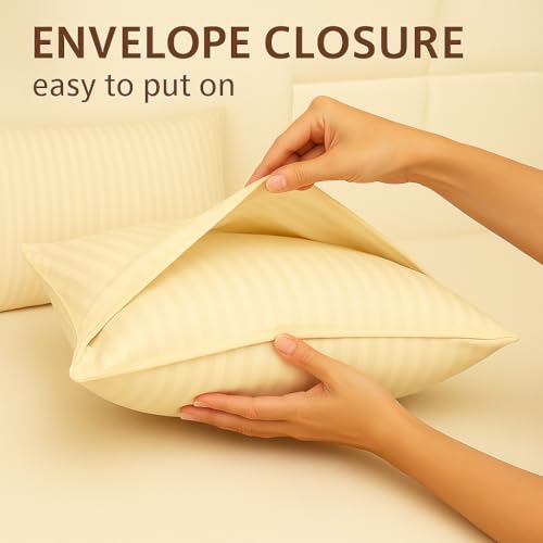Image of Cotton Solid Striped Pillow Covers | Ultrasoft Breathable Envelope Closure| Pack of 2 Pillow Covers Standard Size (27 x 17 Inches) (Cream)