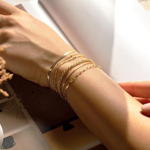 Image of Shining Diva Fashion Gold Plated Bracelet Set for Women & Girls | Set of 6 Trendy Chain Bracelets | Adjustable Layered Bracelet Combo for Daily Wear, Party, Office & Gifting