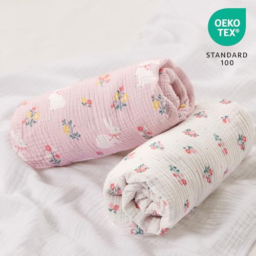Image of david's kids Muslin Mini Crib Sheets, 2 Pack Cotton Pack N Play Sheets for Girls, Soft Breathable Baby Sheets Fit Pack N Play, Playard and Mini Crib Mattresses, Rabbit
