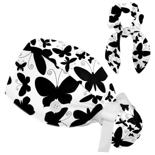Image of Colored Butterflies Scrub Caps Women Ponytail, Adjustable Bouffant Surgical Caps with Button, Nurse Hats Long Hair