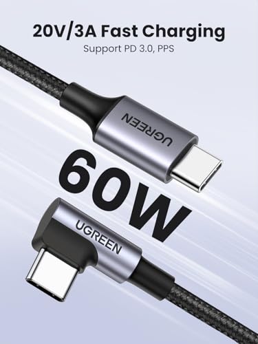 UGREEN Right Angle USB C Cable 6.6FT 2Pack 60W USB C to USB C Charger Cable | PD 3.0 Type C Fast Charging Cord Compatible with iPhone 17 Pro Max, iPhone Air, Galaxy S25 S24 Ultra, iPad Air Mini, MacBook