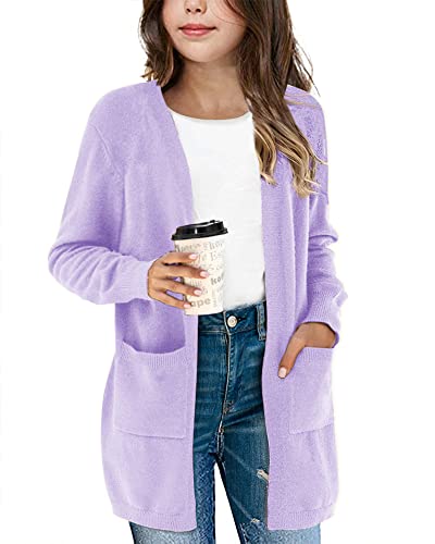 Amarmia Girl's Open Front Cardigan Long Sleeve Knit Sweaters Solid Cute Casual Loose Outerwear Coats With Pockets Purple #TOP7