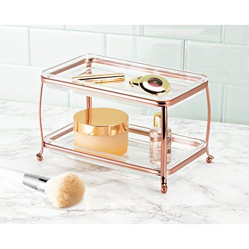 mDesign Decorative Makeup Storage Organizer Vanity Tray for Bathroom Counter Tops, 2 Levels to Hold Makeup Brushes, Eyeshadow Palettes, Lipstick, Perfume and Jewelry - Rose Gold/Clear