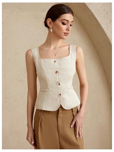 Women's Square Neck Button Down Blouse Sleeveless Split Hem Business Casual Vest Top4
