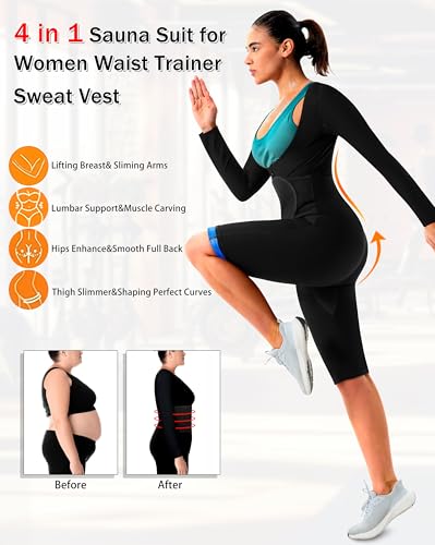 DYUAI Sauna Suit for Women Sweat Jumpsuit Waist Trainer Slimming Full Body Suit,Armpit and Crotch Mesh(BH70020-01-L)