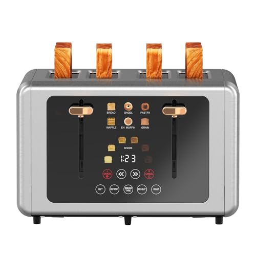 whall 4 Slice Touch Screen Toaster, Stainless Steel Toasters Digital Timer,Dual Independent Control Panel Toasters&#65292;6 Shade Settings&#65286;6 Bread Types, Smart Wide Slots, Bagel, Cancel, Defrost,Gold