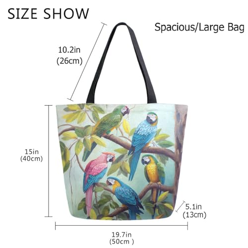 Beautiful Colors Parrots Group on Tree Branch Extra Large Canvas Gym Shoulder Tote, Reusable Daily Durable Top Handle Bag for Mens Womens Yoga Weekender Picnic Beach Travel Market Shopping3