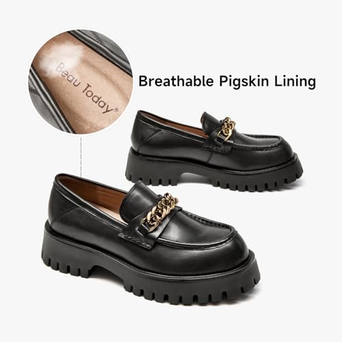 Image of BEAU TODAY Chunky Loafers for Women,Womens Platform Loafer Shoes,Chunky Heel Lug Sole Slip-on Metal Chain Shoes,Comfort Round Toe Business Work Office Shoes