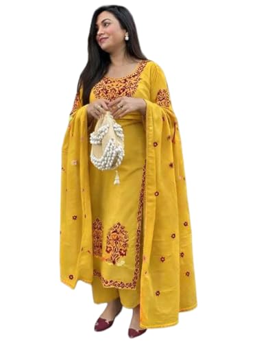 Image of GoSriKi Kurta Sets for Women Viscose Embroidered | Kurta Pant Dupatta Set | Straight Kurti Set for Women | Round Neck 3 /4 Sleeve Ethnic Suit | Designer Indian Kurti Outfit with Pants