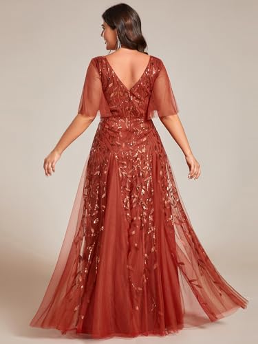 Image of Ever-Pretty Women's Sequin V Neck Plus Size Formal Dresses Evening Gown | Short Sleeve, A-Line, Empire Waist, Plus Size Mother of the Bride Dresses, Plus Size Gala Dress