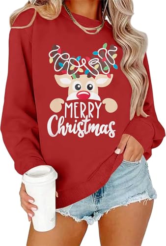 FUNMETA Womens Christmas Sweater Long Sleeve Crewneck Reindeer Shirt Red Holiday Outfits Fleece Rudolph Clothes Merry Xmas Sweatshirts M