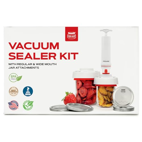 FORJARS Jar Vacuum Sealer Accessory Set for Mason Jars - Compatible with Regular and Wide Mouths, Cordless Pump for Portable Manual Hand Sealing, no electric. Vacuum Sealer with Plastic Lids