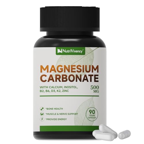 Magnesium Carbonate Capsules 500mg Magnesium Carbonate Supplement with Calcium Inositol Vitamin B2 B6 D3 K2 Zinc for Bone Health Muscle & Digestive Support Vegan Non-GMO 90 Capsules