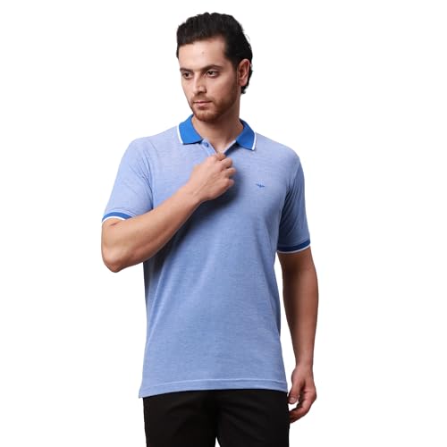 Image of Park Avenue Men's Cotton Polyester Blend Stripe Pattern Slim Fit Rib Collar Polo Neck Half Sleeve Casual T-Shirt