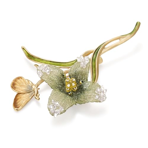 Image of Handmade Embroidery Flower Brooch Pins for Women, SHE'S FREE STYLE JUST FOR YOU Luxury Gradient Stitching Floral Brooch Pins with Crystal stamen, Enamel Metal Butterfly with Green Leaves, Hand Dripping Oil Jewelry pins