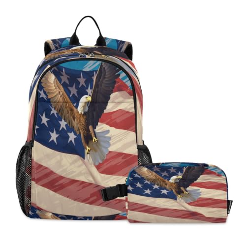 Sac à dos scolaire aigle et drapeau américain avec kit déjeuner