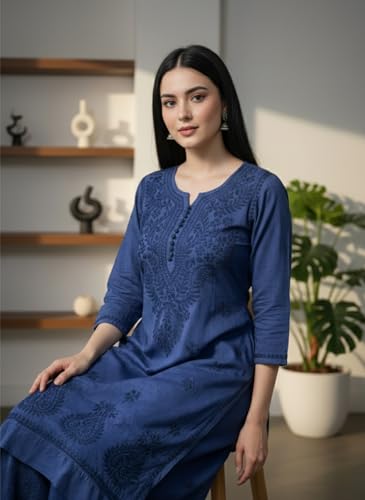 Image of Women's Lucknowi Chikankari Handwork Cotton Kurti, Palazzo and Dupatta Set