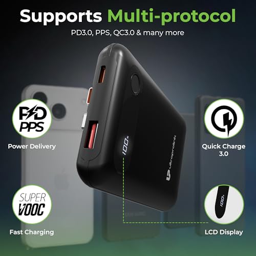 Image of UltraProlink Power Bank 10000mah Fast Charging|16.8mm Slim|22.5W QC-PD-PPS Fast Charging Battery Bank|with USB-C & iPhone Cable|Digital Display|Power Bank for Tablets & Smartphones| Black |UM1127