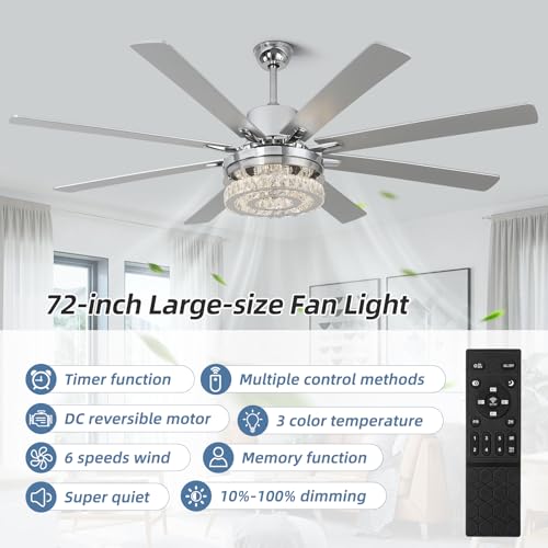 YYEHON 72 inch Crystal Ceiling Fan with Lights and Remote，DIY 3-Style Design，Modern Ceiling Fan for Living Room Patio，6 Speed Reversible DC Motor，8 Blades，3 CCT，Indoor/Outdoor (Chrome) by YYEHON - Used condition - Image 2