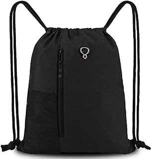 Drawstring-Gym-Bag for Men&Women Black Sport String Backpack With Water Bottle Mesh Pockets&Front Zippered