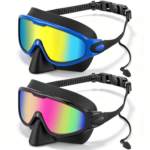 Kanayu 2 Pack Swim Goggles with Nose Cover Earplug for Adult Wide View Anti Fog UV Swim Goggle No Leaking Diving Mask for Men Women (Colorful Pink,Colorful Blue) by Kanayu - Used condition - US$19.50
