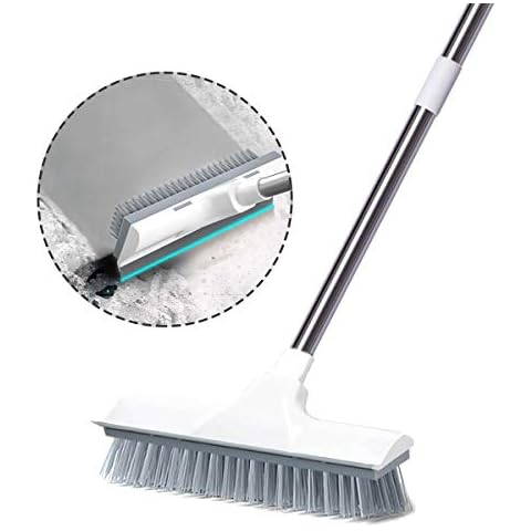 Floor Scrub Brush with Long Handle, 2 in 1 Scrape and Brush Stiff Bristle Shower Cleaning Sweeping Deck Brush Push Broom Brush for Kitchen, Bathroom, Patio, Wall and Deck Cover