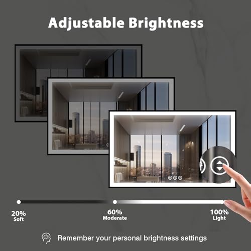 60x40 LED Mirror for Bathroom, Black Metal Framed, Vanity Mirror with Lights, 3 Color Modes, Dimmable CRI90+, Double Lights, Anti-Fog, Shatter-Proof, Waterproof, Memory (Horizontal/Vertical)