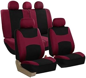FH Group Car Seat Covers Full Set Burgundy Cloth - Universal Fit, Automotive Seat Covers, Low Back Front Seat Covers, Airbag Compatible, Split Bench Rear Seat, Car Seat Cover for SUV, Sedan, Van