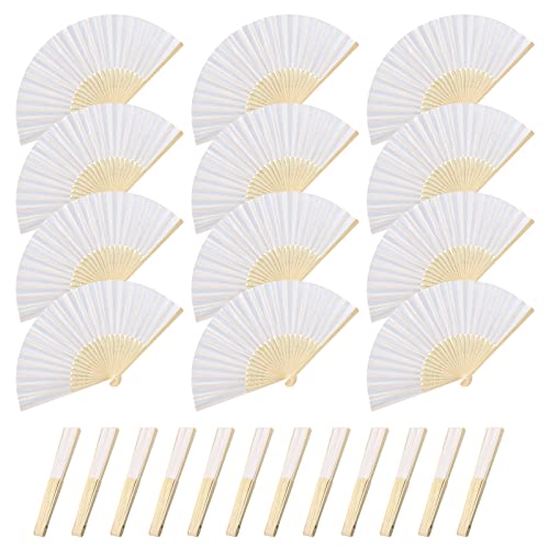 Gwhole 12 pz Ventaglio Pieghevole Bianco Bambu e Tessuto con Scatole Eleganti per Nozze Festa Matrimonio