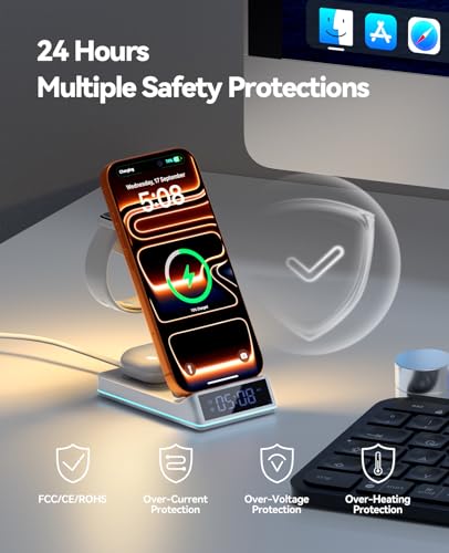 Image of 2026 Upgraded Wireless Charging Station, 7 in 1 Wireless Charger Station Foldable Charger Stand with Night Light /Alarm Clock for iPhone 17-12 Pro Max Plus, Apple Watch, AirPods Gifts for Fathers Day