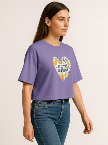 Image of HELLCAT Beige Printed Loose Fit Crew-Neck Crop T-Shirt for Women