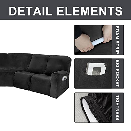 Mingpinhuius 7 Piece Velvet Stretch Recliner Corner Sofa Cover L Shape Sectional Couch Covers Soft Elastic Sofa Slipcover Furniture Protector For Living Room (Black, 5 Seat Recliner Cover) #TOP6