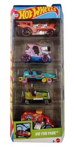 Image of Hot Wheels Car 2025 HW Fun Park Pack of 5 (Bump Around, Loopster, Cool One, Loco Motorin, Tee'd Off 2) Multi - Color, 3+ Years