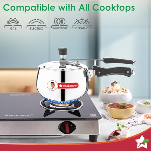Image of Wonderchef Nigella Triply Stainless Steel Pressure Cooker 2L, Inner Lid, Gas, Induction Compatible & Ceramic Cooktop, ISI Certified, Contour Collection, Uniform Heating, 5-Year Warranty