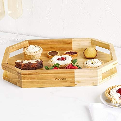VonShef Bamboo Serving Tray | Large 100% Bamboo Tray With Gold Detail - Kitchen, Dining Tableware - Serve Tea, Coffee, Dinner, Breakfast, Canapes - Easy to Carry