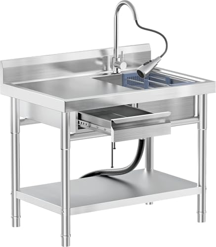 Image of Stainless Steel Utility Sink Freestanding Single Bowl Laundry Sink with 360 Swivel Pull-Out Sprayer Faucet, Hot and Cold Water Plumbing Workbench Drawers for Laundry Room