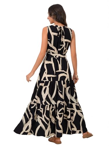 Image of Rooscier Women's Sleeveless Boho Maxi Dress | Halter Neck Print Tiered A Line Beach Dresses