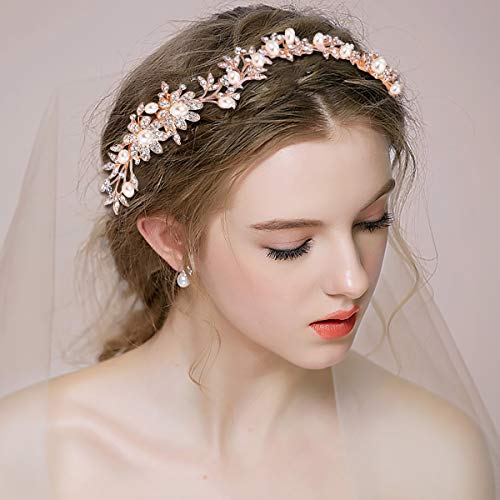 BriLove Women's Bohemian Wedding Bridal Daisy Flower Crystal Ivory Color Bling Bridal Headband Hair Comb Clear Rose-Gold-Toned - Thumbnail 3